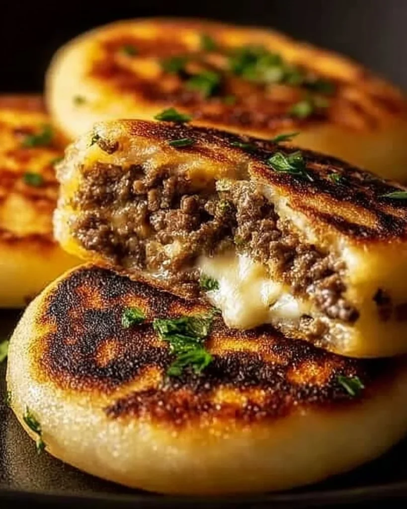 Cheesy stuffed potato cakes filled with ground beef served on a plate