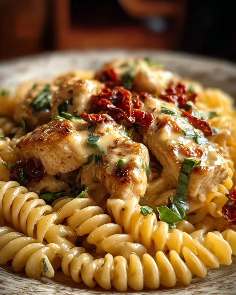Delicious Cheesy Tuscan Chicken Bites served with sun-dried tomato rotini