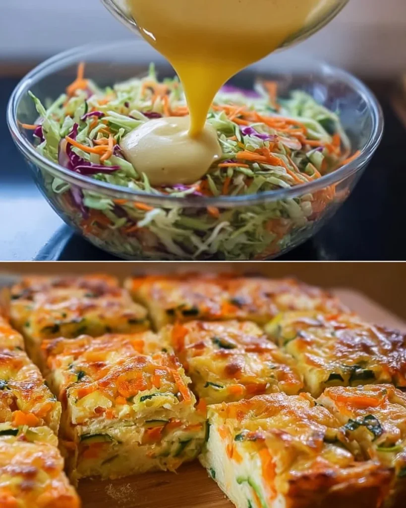 Cheesy zucchini and carrot bake fresh out of the oven in a baking dish