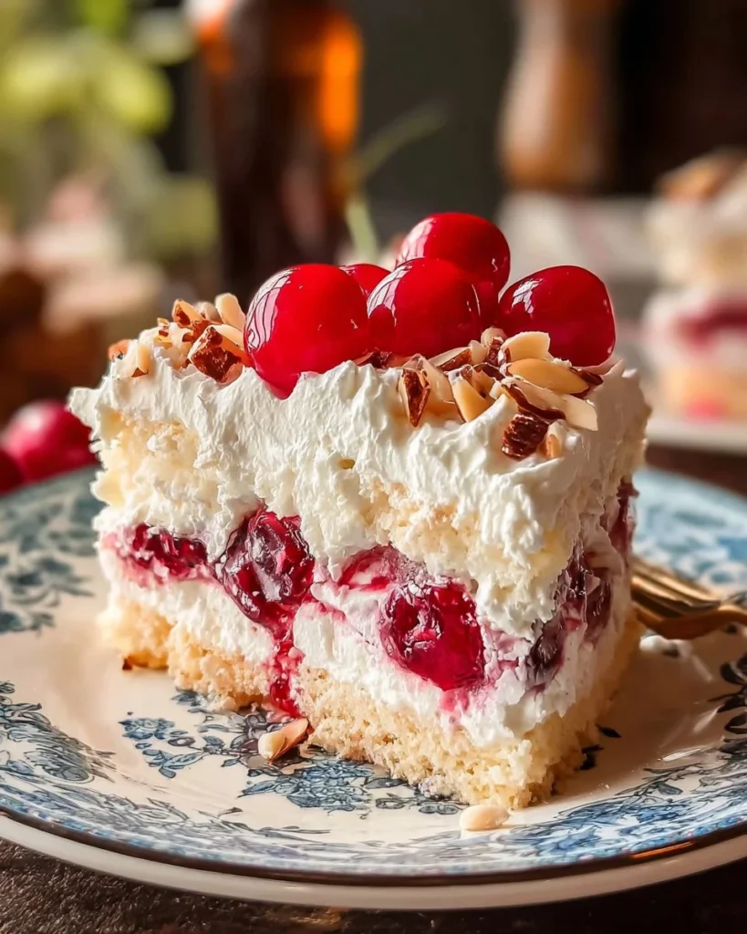 Delicious Cherry Almond Poke Cake topped with cherries and almond cream