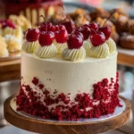 Delicious cherry cake with cherry cream cheese frosting on a white plate