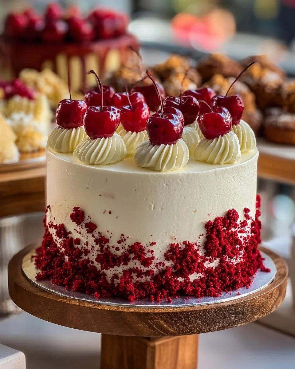 Delicious cherry cake with cherry cream cheese frosting on a white plate