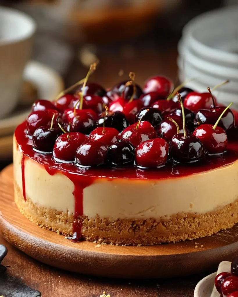 Slice of delicious cherry cheesecake topped with fresh cherries