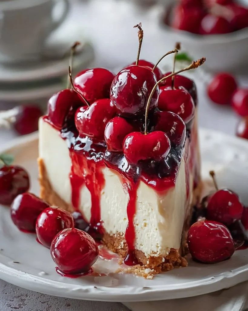 Slice of delicious Cherry Cheesecake topped with fresh cherries