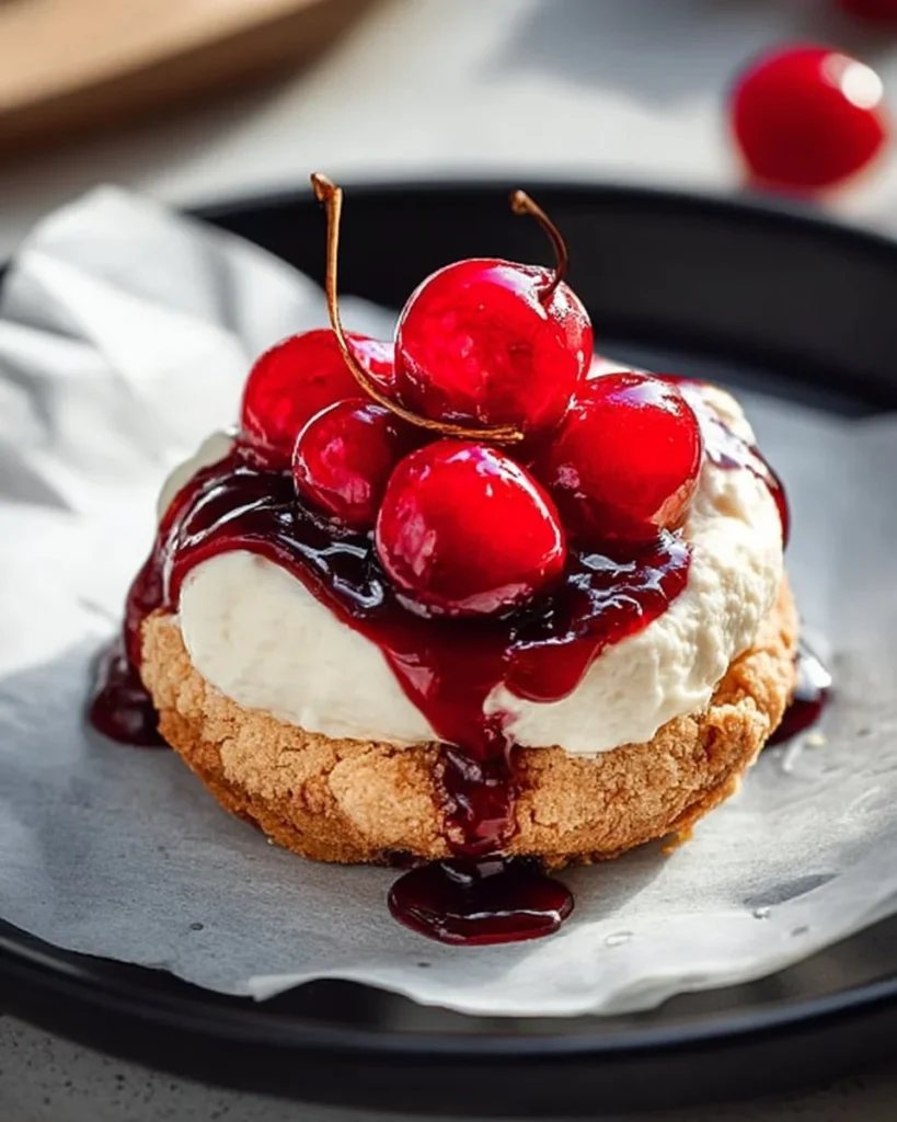 Cherry Cheesecake Cookies with cherries and cream cheese frosting on a plate.