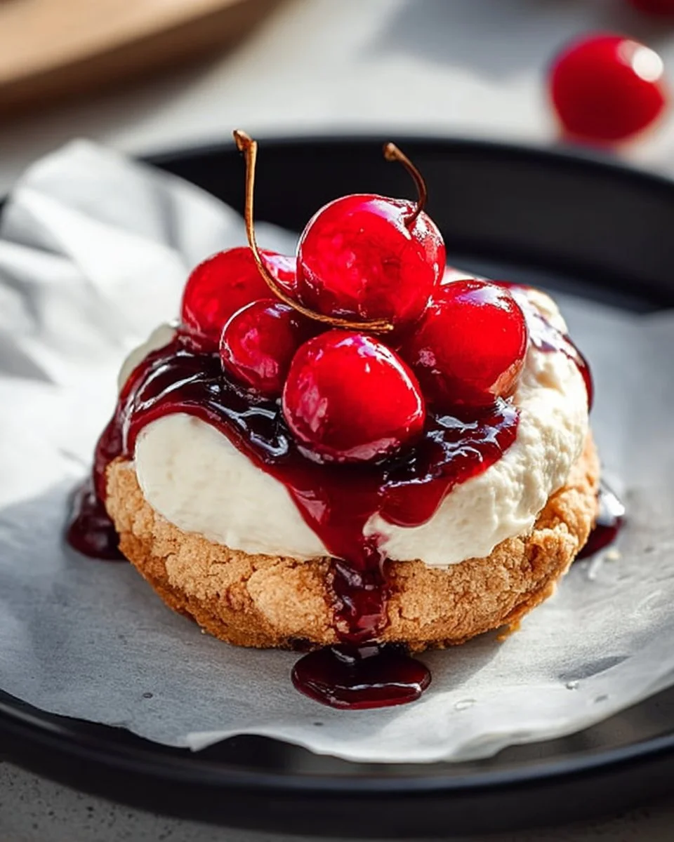 Cherry Cheesecake Cookies with cherries and cream cheese frosting on a plate.