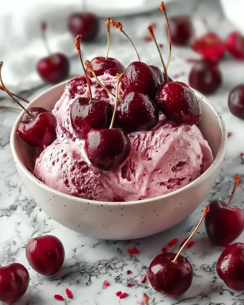 Delicious Cherry Cheesecake Fluff dessert in a bowl with cherries on top.
