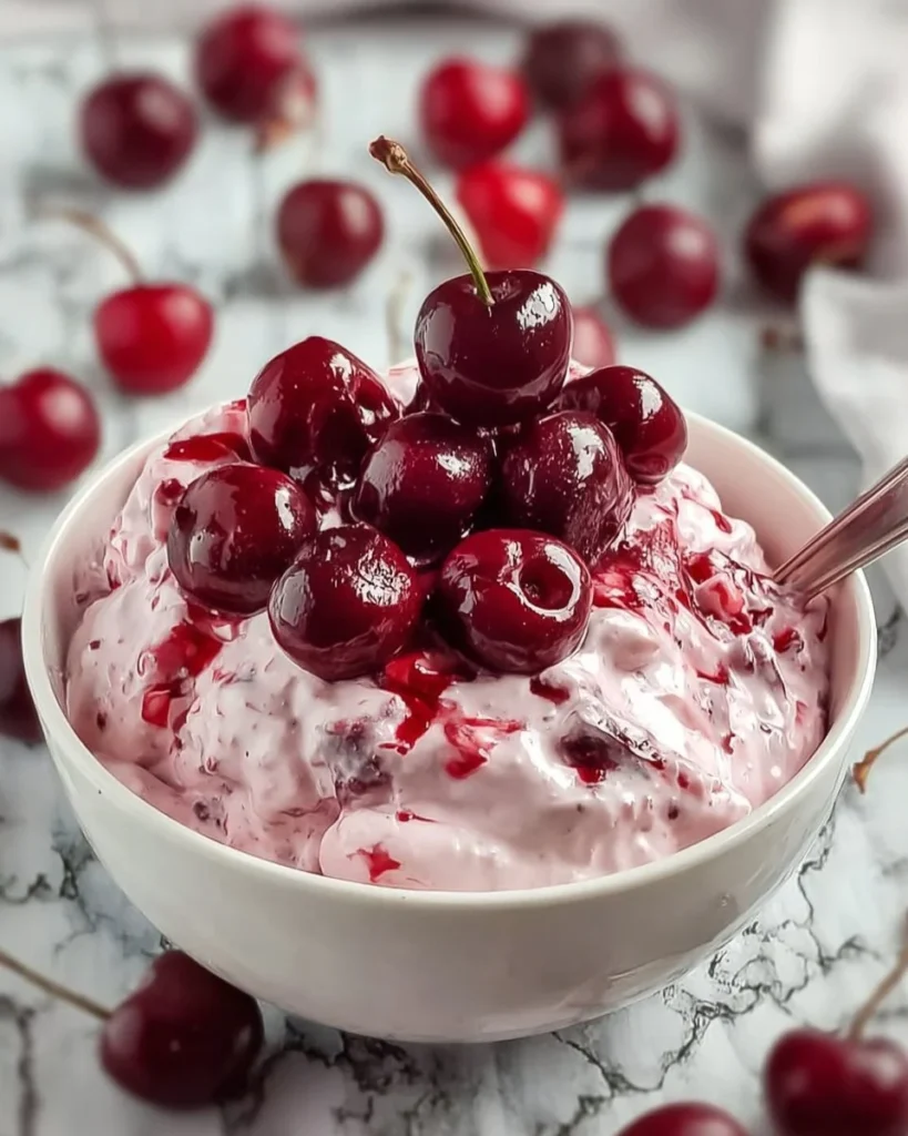 Delicious Cherry Cheesecake Fluff dessert in a bowl with cherry topping