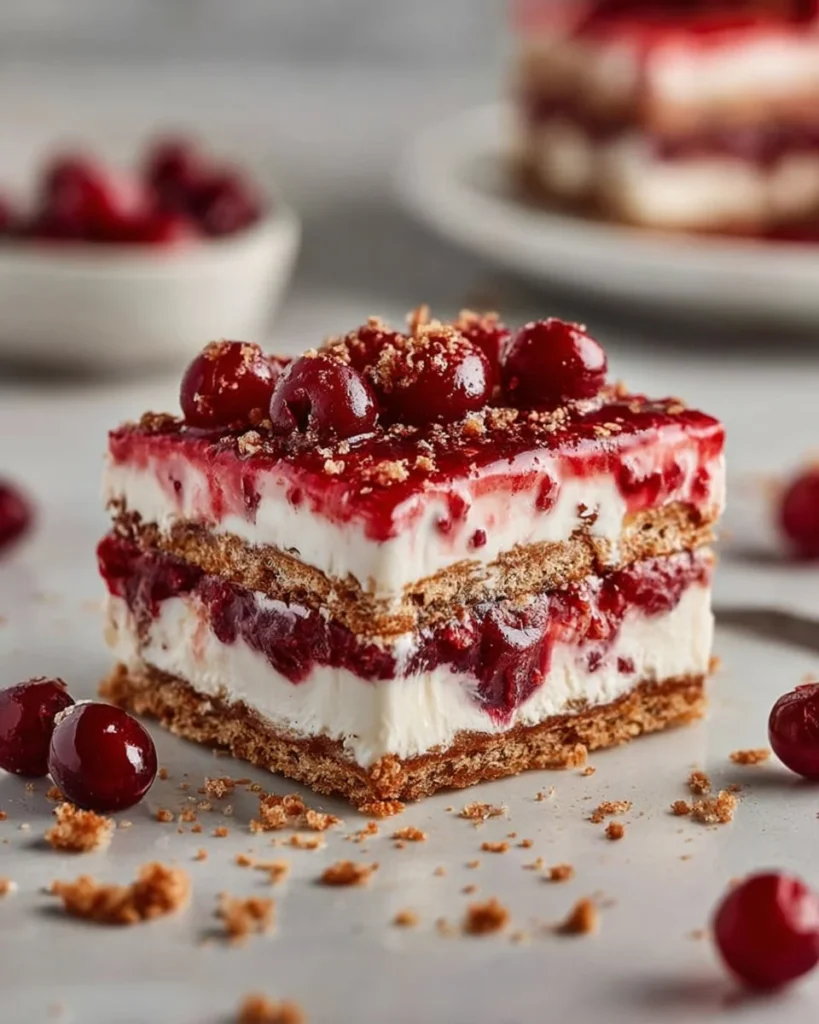 Cherry Cheesecake Icebox Cake topped with fresh cherries and whipped cream