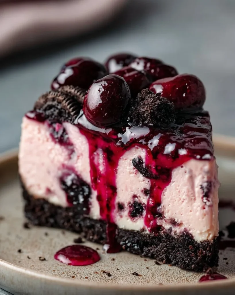 Slice of Cherry Cheesecake with Oreo crust on a dessert plate