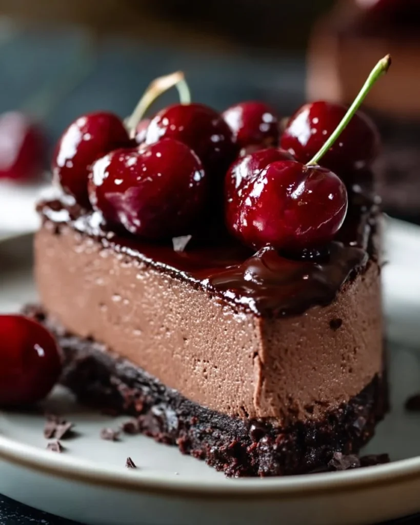 Delicious slice of Cherry Chocolate Cheesecake topped with cherries and chocolate drizzle.