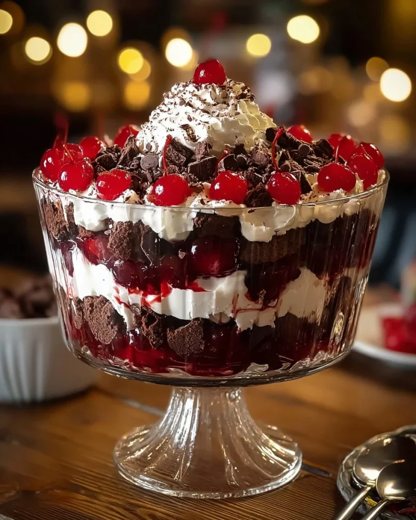 Delicious Cherry Chocolate Chip Trifle layered with cherries and chocolate chips