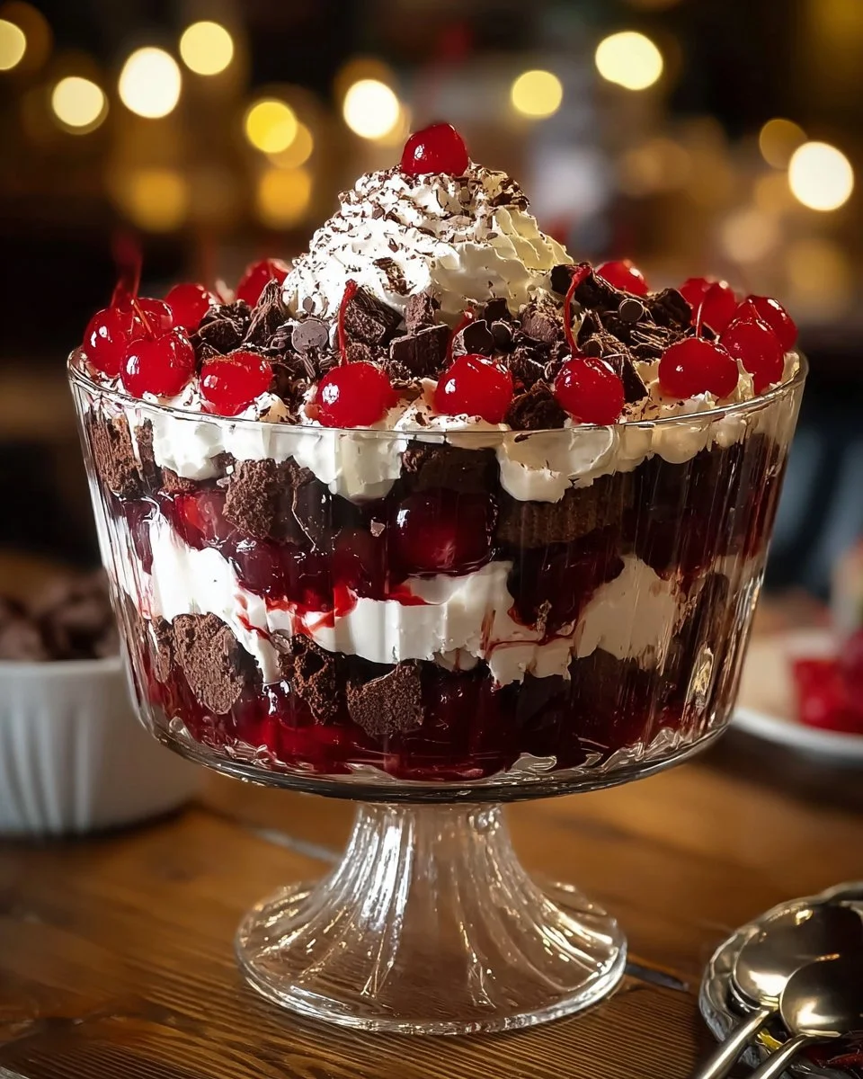 Delicious Cherry Chocolate Chip Trifle layered with cherries and chocolate chips