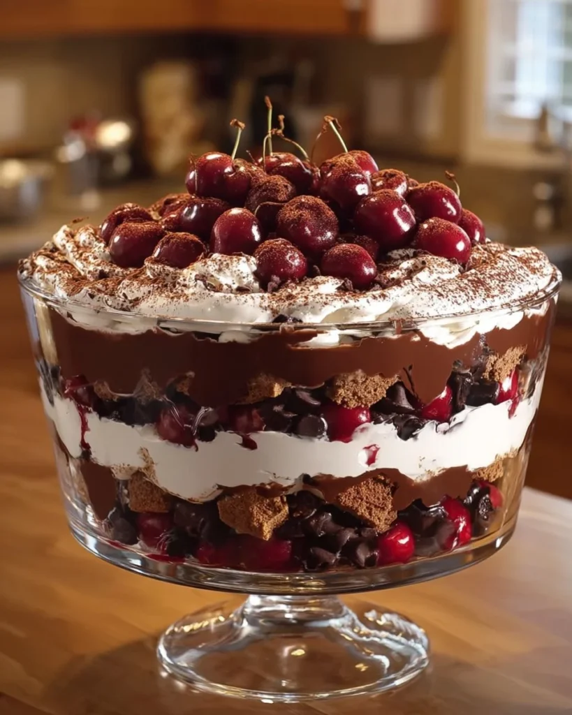 Delicious Cherry Chocolate Chip Trifle dessert with layers of cherries and chocolate chips