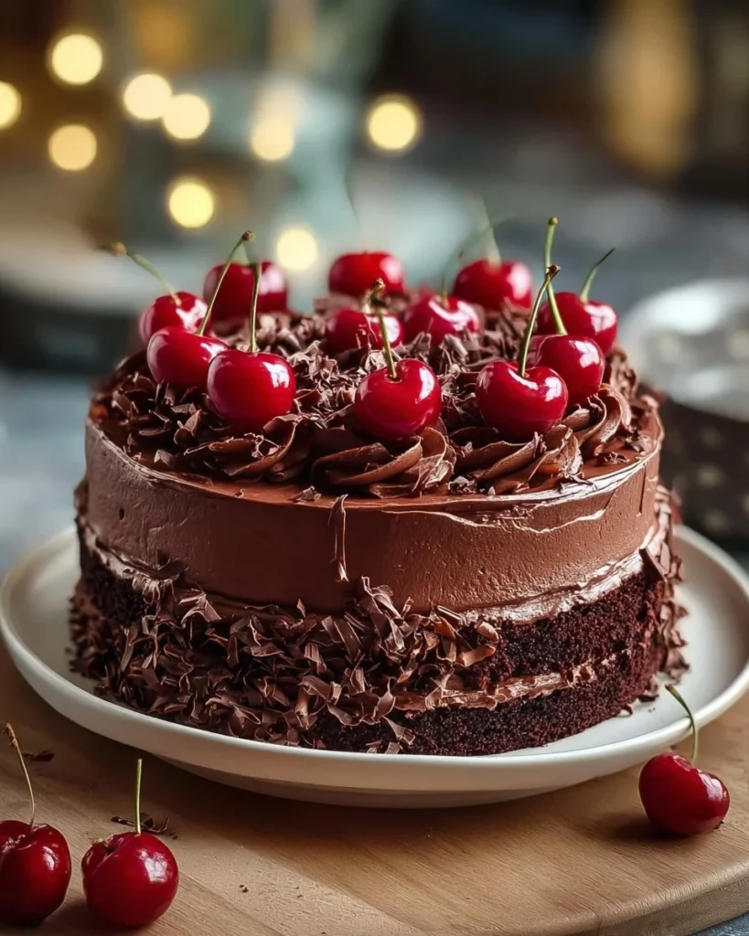 Cherry-Chocolate Delight Cake topped with fresh cherries and chocolate drizzle
