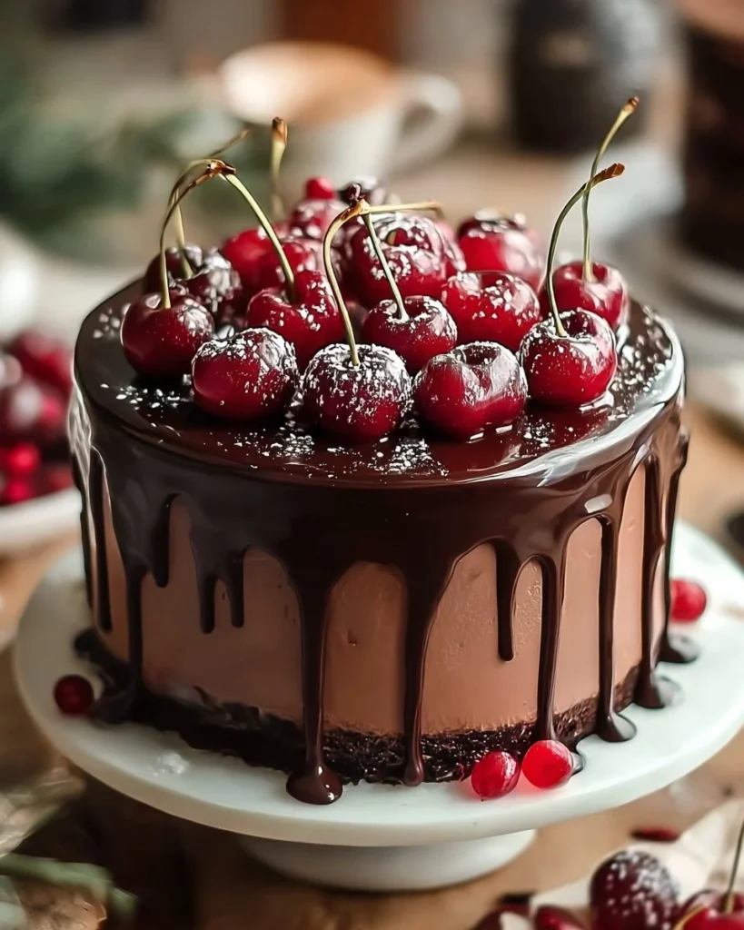 Delicious Cherry Chocolate Dream Cake with cherries and chocolate frosting
