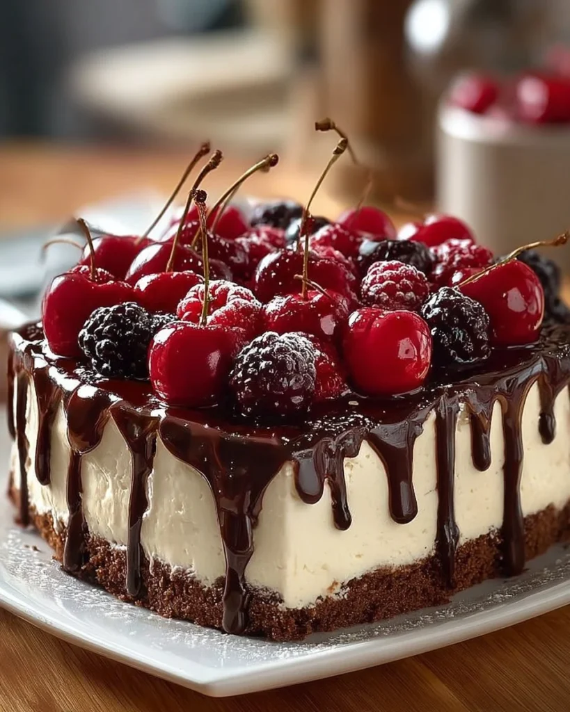 Slice of Cherry Chocolate Ice Cream Cake topped with cherries and chocolate syrup.