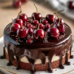 Delicious cherry chocolate ice cream cake with cherries and chocolate drizzle