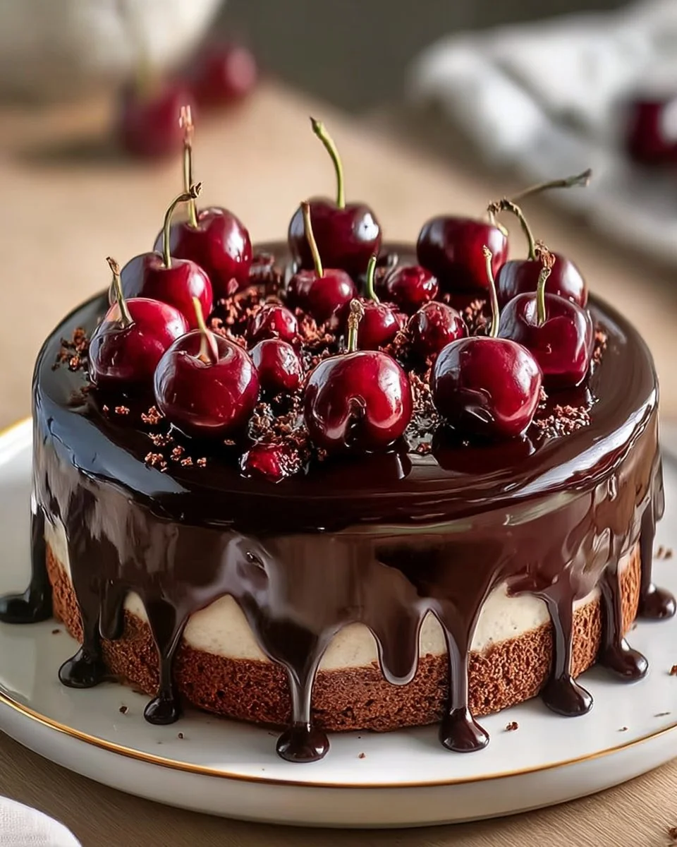 Delicious cherry chocolate ice cream cake with cherries and chocolate drizzle
