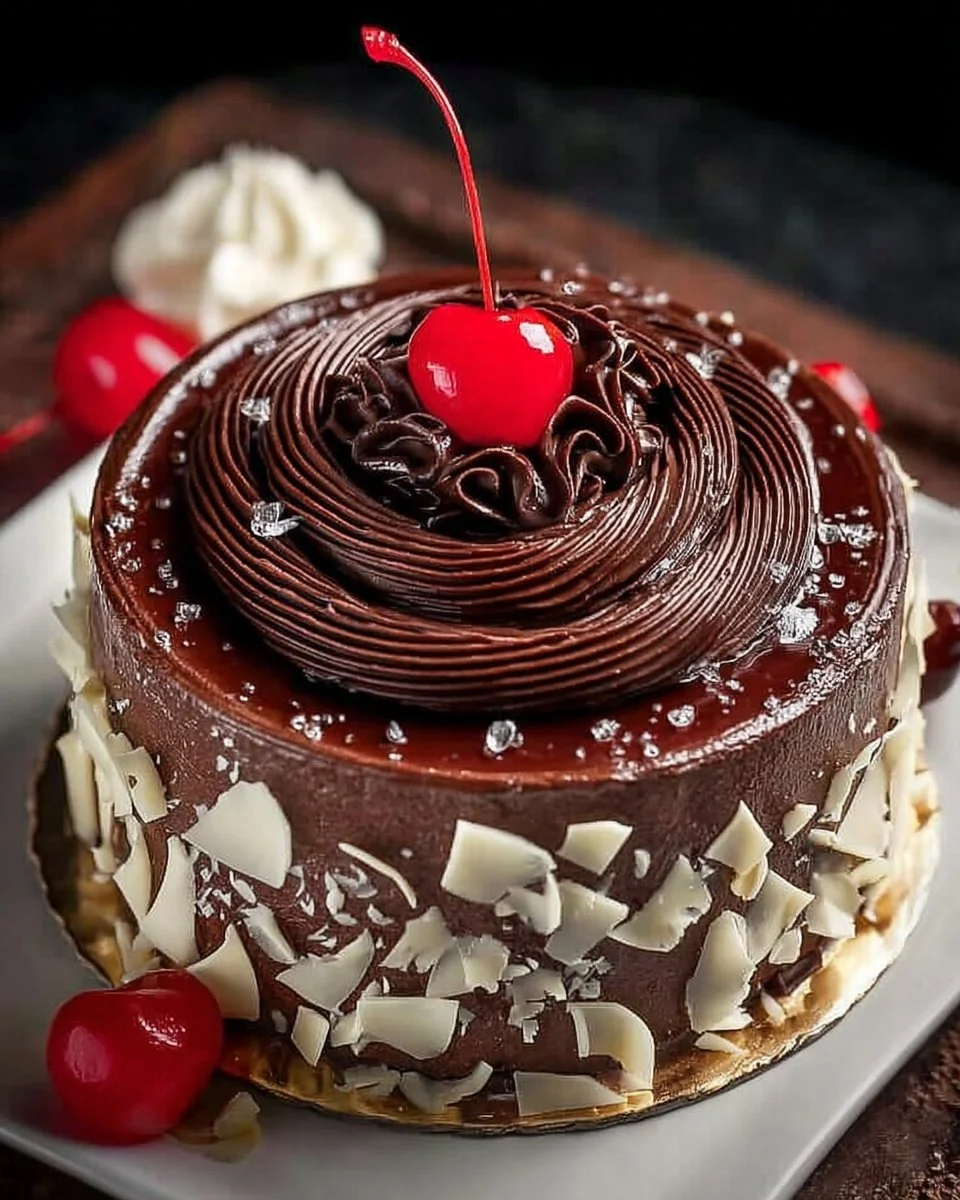 Delicious cherry chocolate ice cream cake topped with cherries and chocolate drizzle