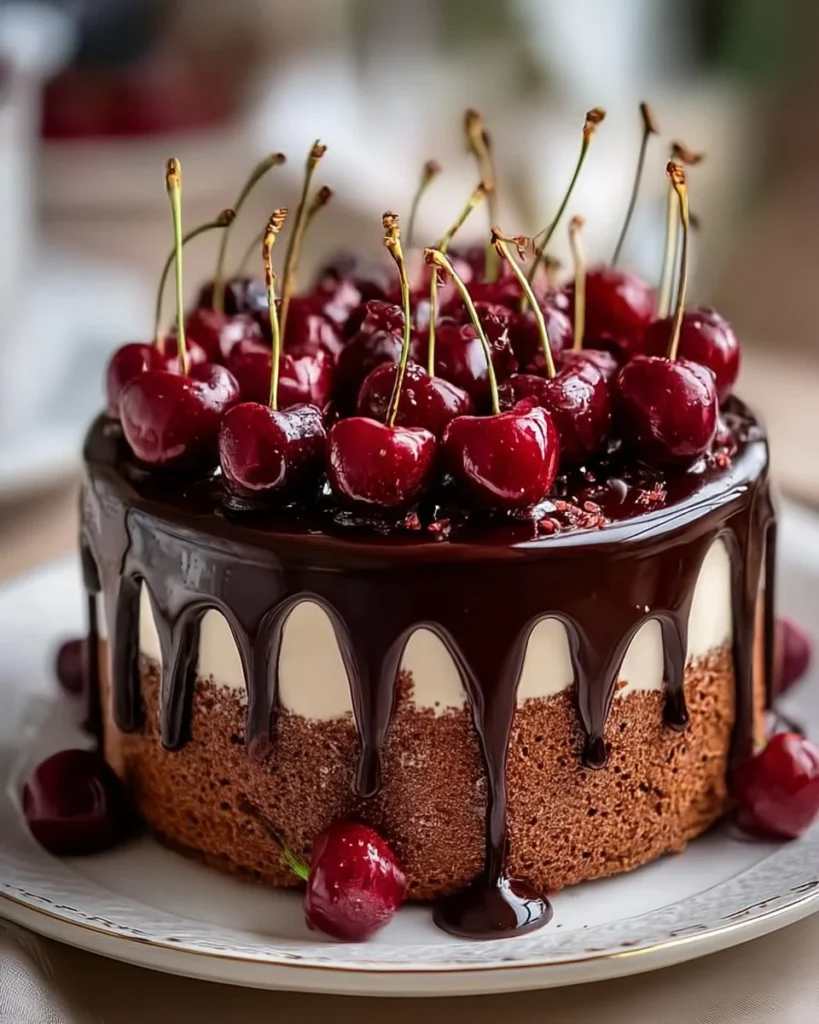 Slice of cherry chocolate ice cream cake with cherries on top