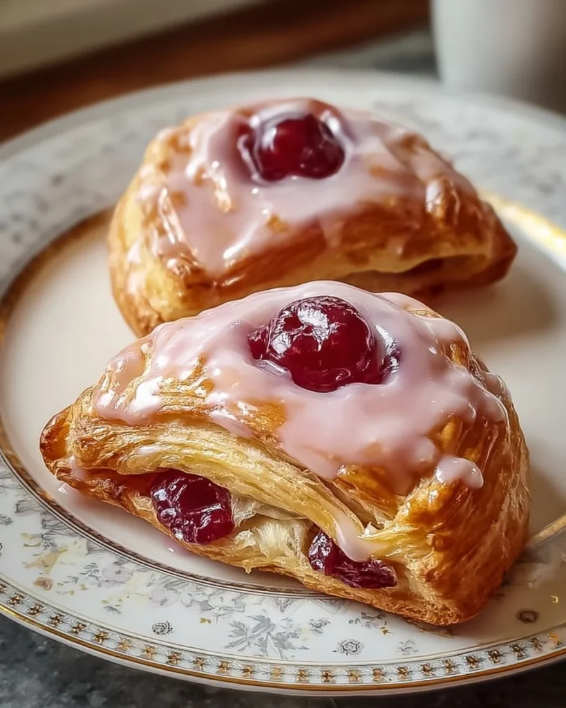 Fresh cherry turnovers on a plate, golden brown pastry with cherry filling