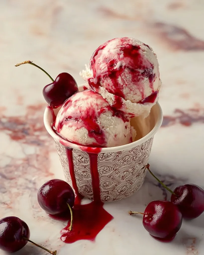 Delicious Cherry Vanilla Ice Cream served in a bowl with fresh cherries