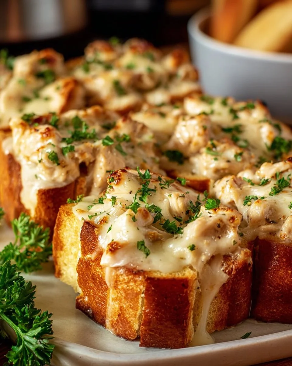 Delicious Chicken Alfredo served with golden garlic bread