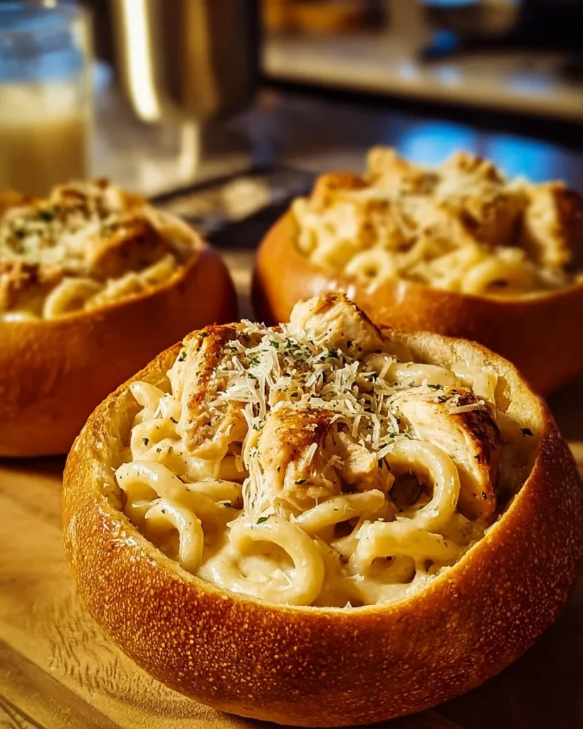 Delicious Chicken Alfredo served in garlic bread bowls, perfect for a hearty meal.