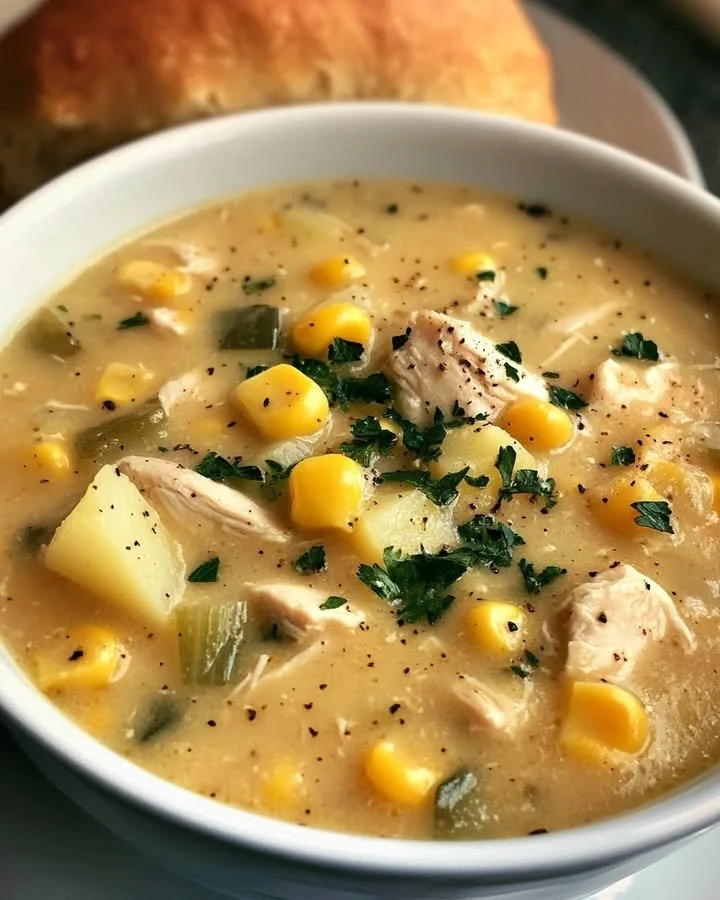 Bowl of Chicken Chowder with corn, delicious and creamy comfort food.