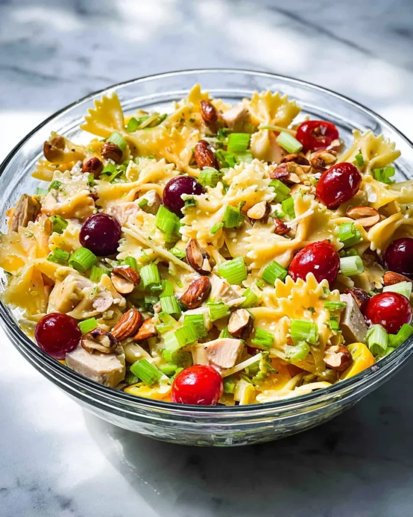 Chicken and Pasta Salad with Fruit in a colorful bowl