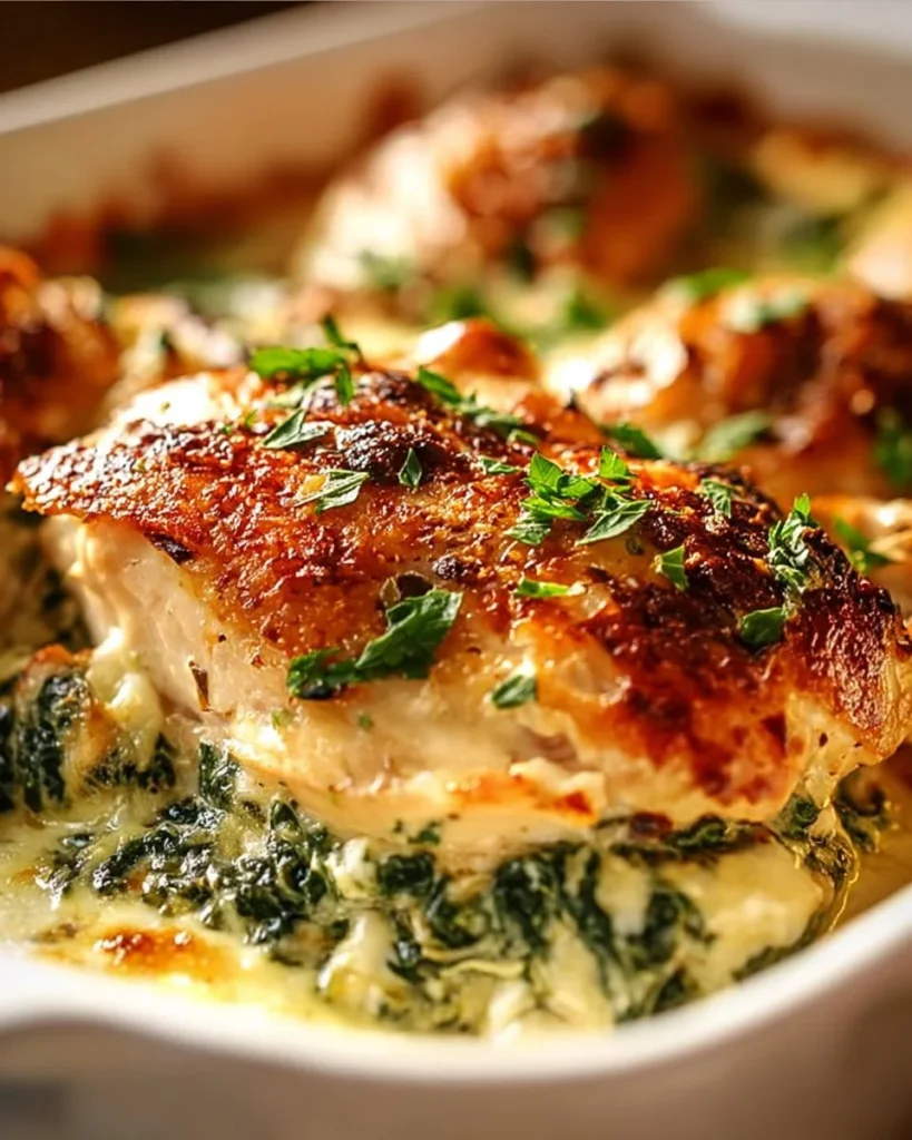 Chicken and spinach casserole with cream cheese served in a baking dish
