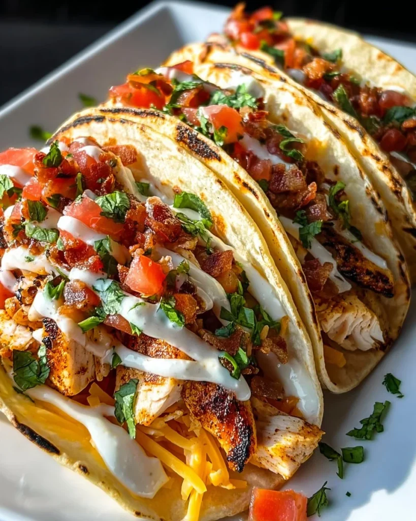 Delicious Chicken Bacon Ranch Tacos served with fresh ingredients and toppings.