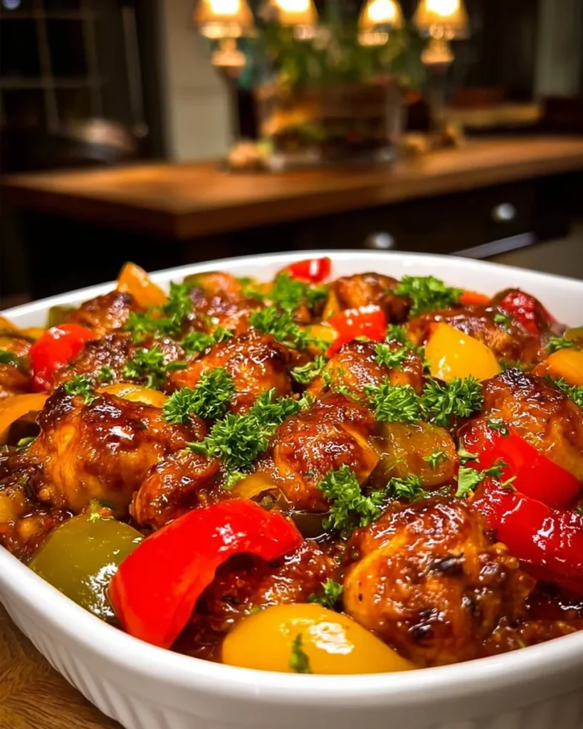 Delicious Chicken Bell Pepper Casserole topped with melted cheese and vibrant vegetables