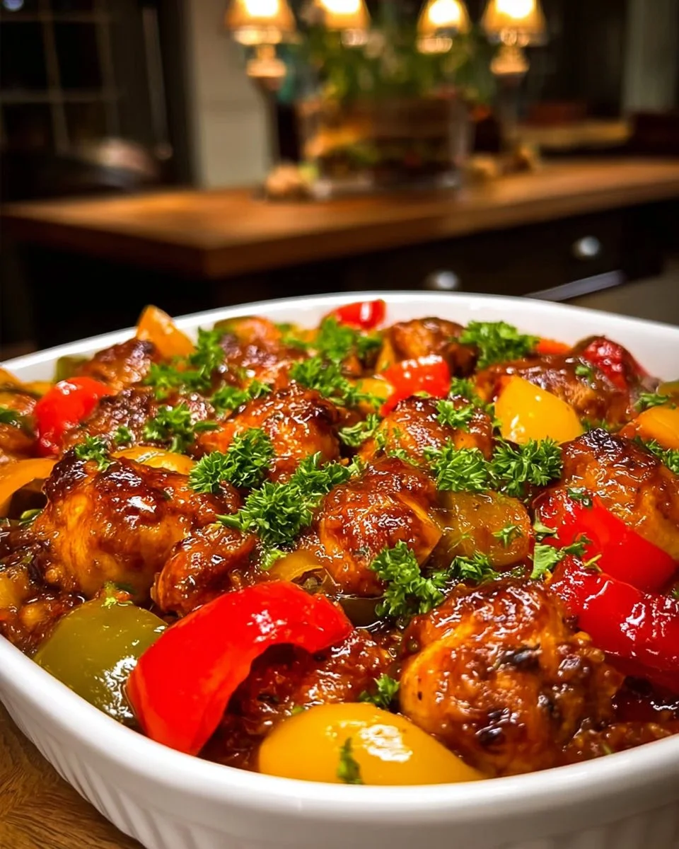 Delicious Chicken Bell Pepper Casserole topped with melted cheese and vibrant vegetables