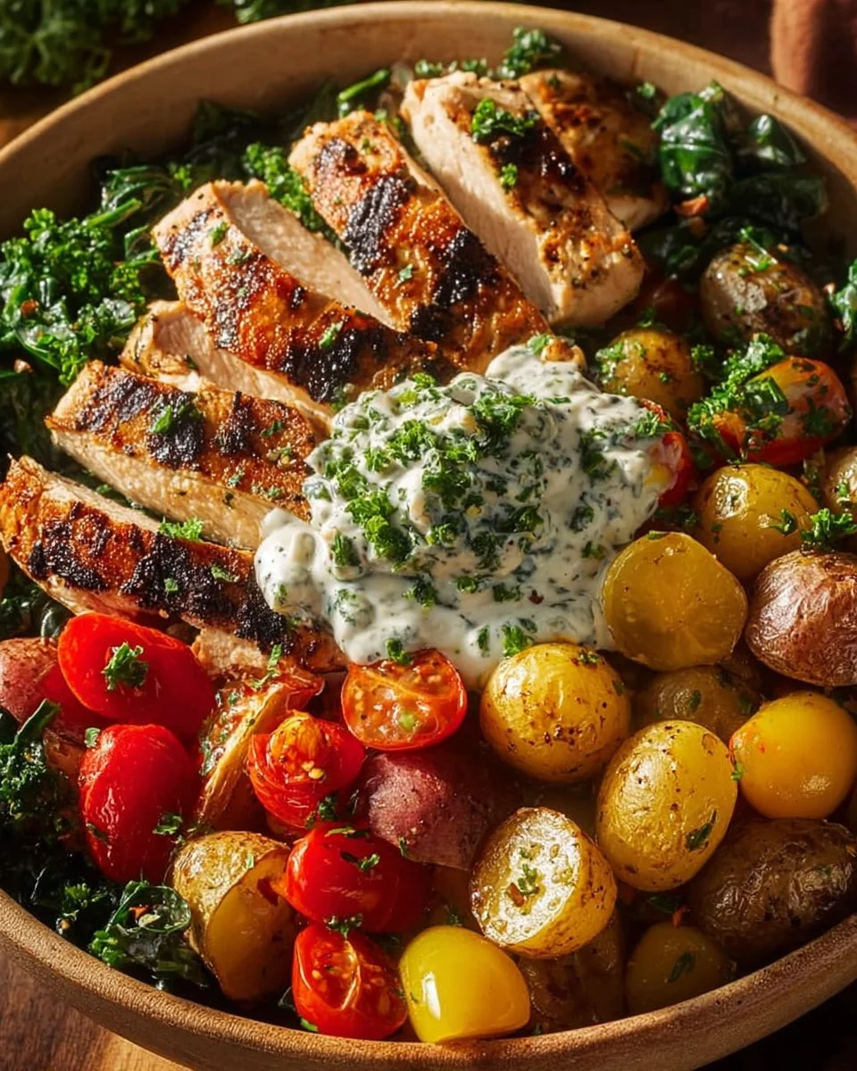 Chicken Bowl with roasted potatoes and fresh yogurt dip