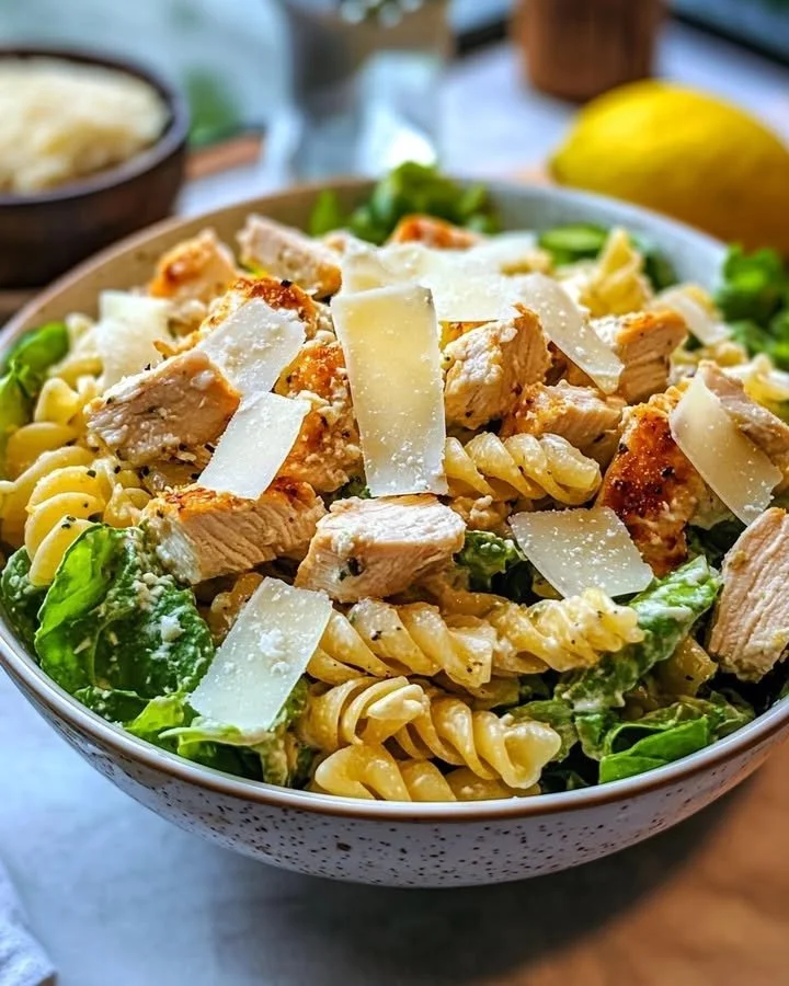 Delicious Chicken Caesar Pasta Salad with chicken, lettuce, and dressing