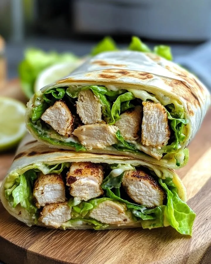 Delicious Chicken Caesar Wrap with grilled chicken and romaine lettuce