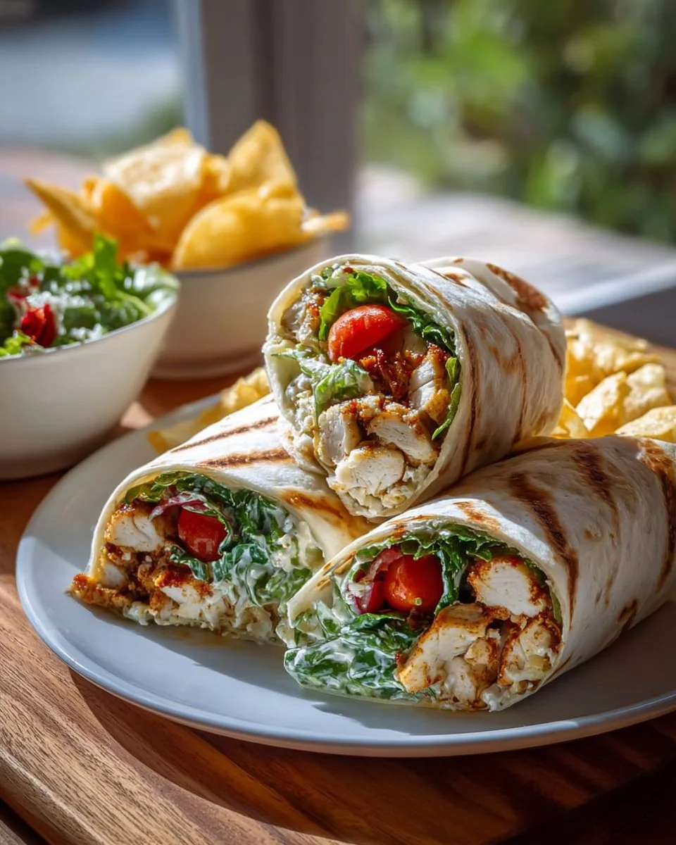 Delicious Chicken Caesar Wrap with crunchy romaine lettuce and grilled chicken