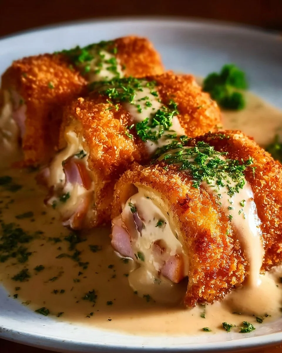 Chicken Cordon Bleu served with Swiss cheese sauce on a plate