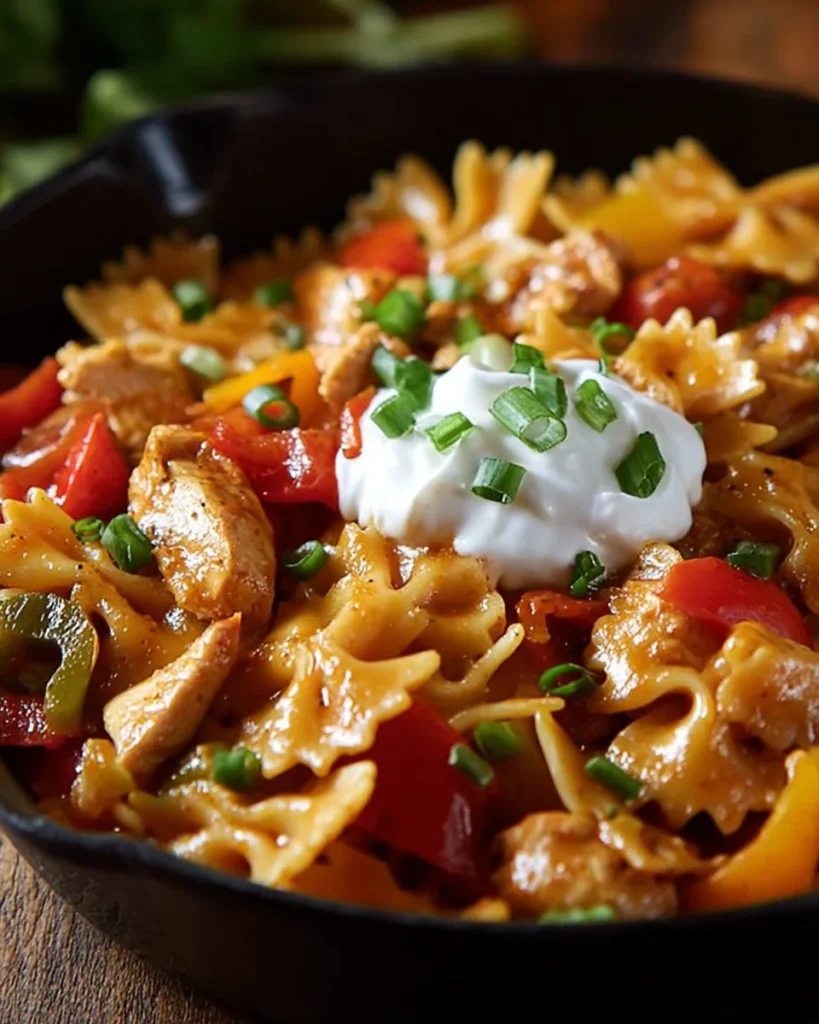 Delicious chicken fajita pasta with peppers and spices served in a bowl