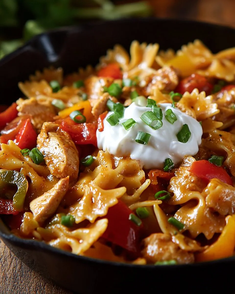 Delicious chicken fajita pasta with peppers and spices served in a bowl