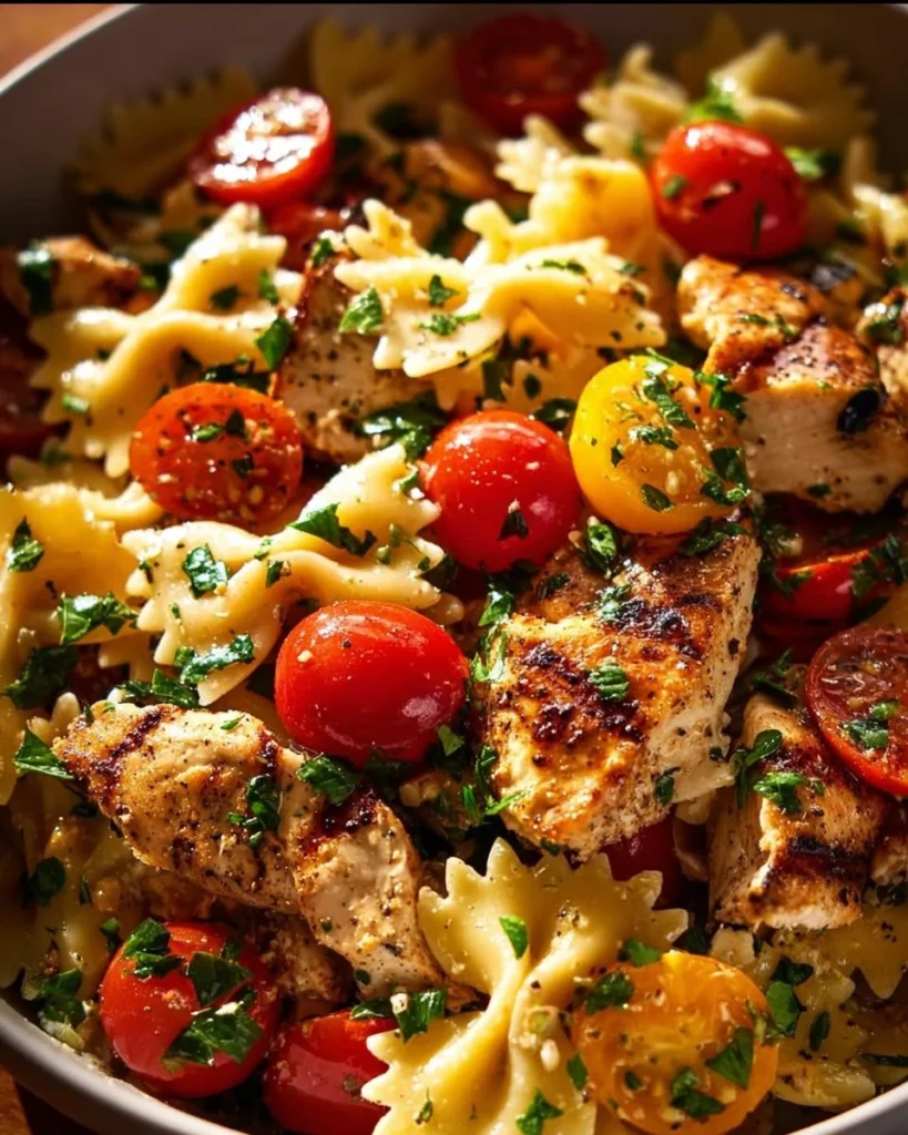 Delicious Chicken Feta Pasta served in a bowl with fresh herbs and tomatoes