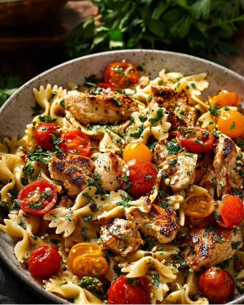 Delicious Chicken Feta Pasta plated with fresh herbs and vegetables