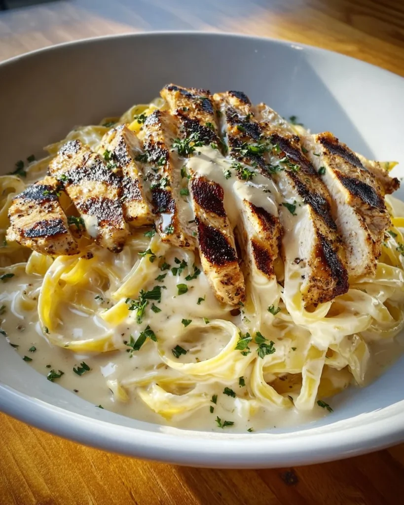 Delicious Chicken Fettuccine Alfredo with creamy sauce and grilled chicken on a plate