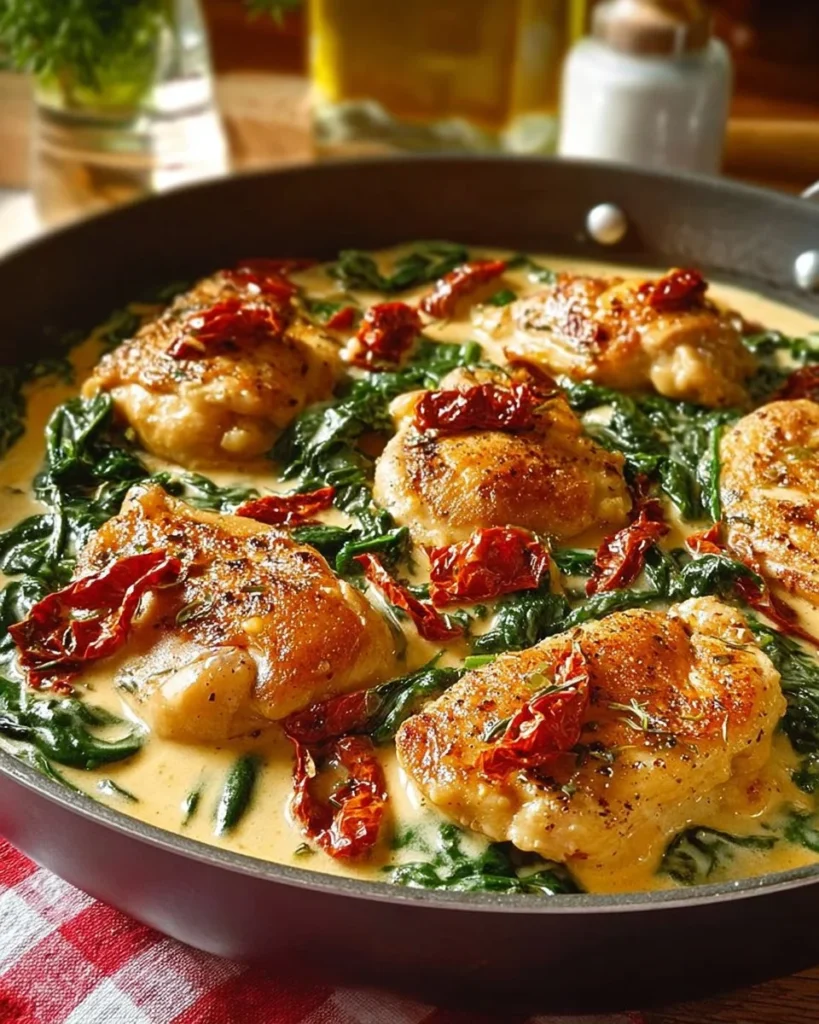 Plate of Chicken Florentine with spinach and creamy sauce, garnished with herbs.