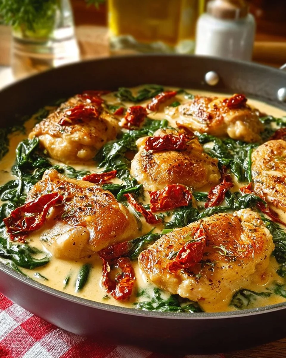 Plate of Chicken Florentine with spinach and creamy sauce, garnished with herbs.