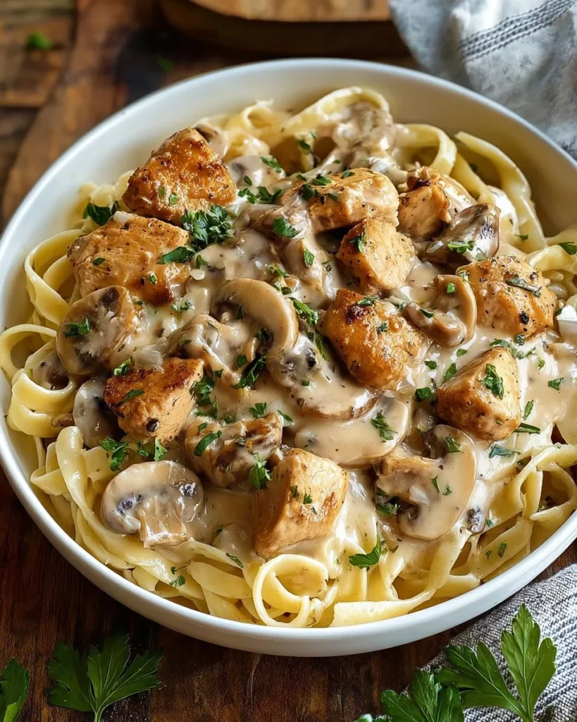 Delicious Chicken Mushroom Stroganoff served in a bowl with herbs on top