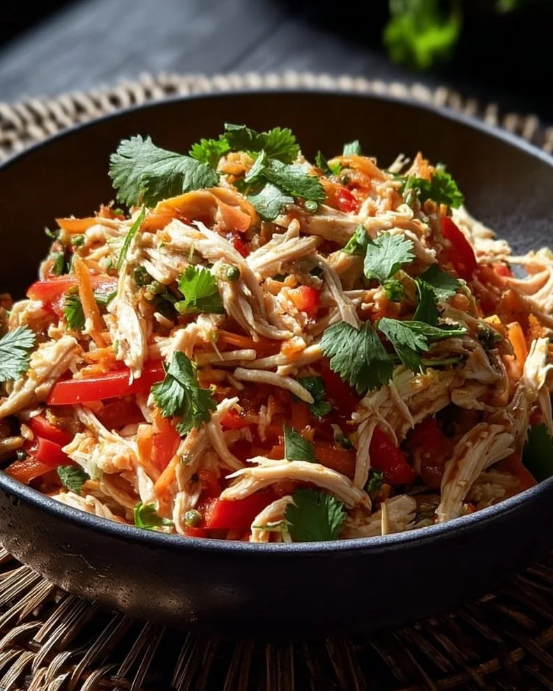 Delicious chicken noodle salad with peanut-lime dressing served in a bowl.