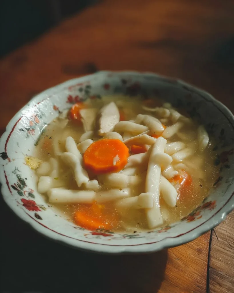 Bowl of chicken noodles with fresh vegetables and herbs